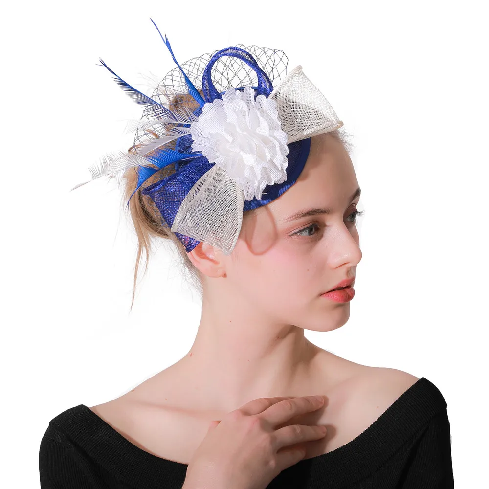 

Ladies Wedding Hat Fascinators Blue Sinamay With White Flower Racing Season For Cocktail Party Event Occasion High Quality