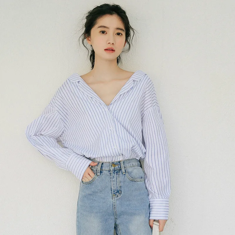 Autumn Long Sleeve Girls Shirt Women V-neck Stripe Sexy Casual Blouse Shirts Female Stylish Fashion Loose Top Clothes H9178