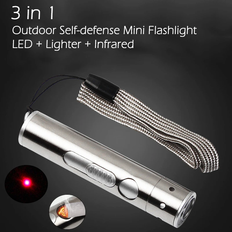 3 in 1 Outdoor Mini LED Flashlight + Cigarette Lighter + Infrared Light USB Charging Aluminium Alloy Torch High Power