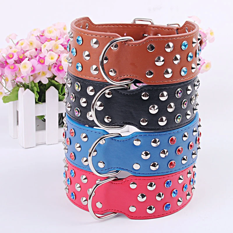 4 Colors Large Dog Collars Leather Dog Collar With Rhinestone Rivet For Golden retrievers mastiffs samoyeds German shepherd Ra