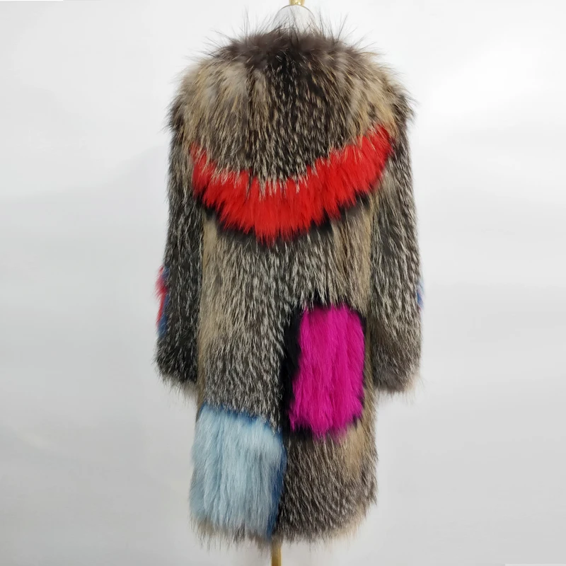 Classic style raccoon fur woven jacket stitching color true fox fur coat ladies fur coat 100% raccoon fur