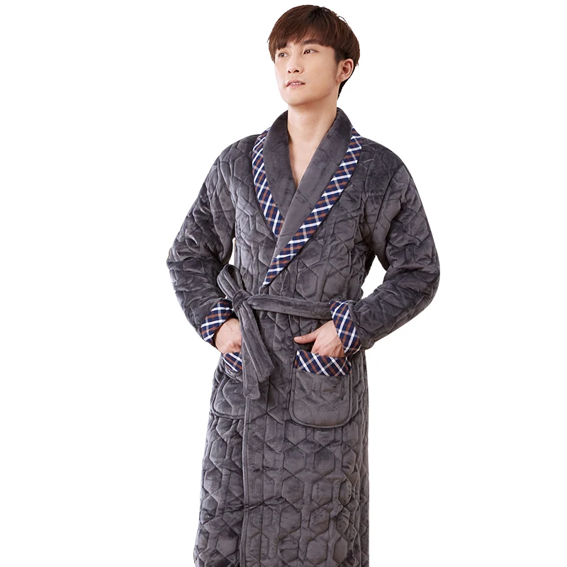 

Big Yards XXXL Kimono Stitching Plaid Bathrobes Male Thick 3 Layers Winter Quilted Bathrobe Thick Flannel Robe Pijamas Hombre