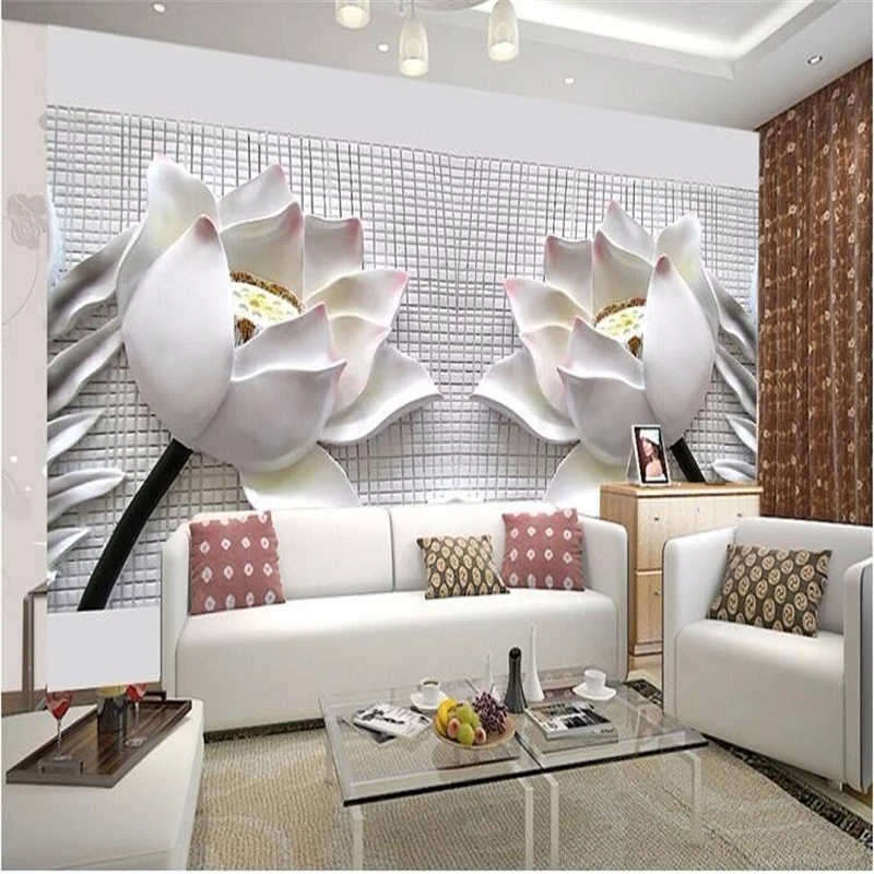 beibehang for walls 3 d Flash silver silk papel de parede 3d TV contracted sitting white lotus flowers mural wall paper