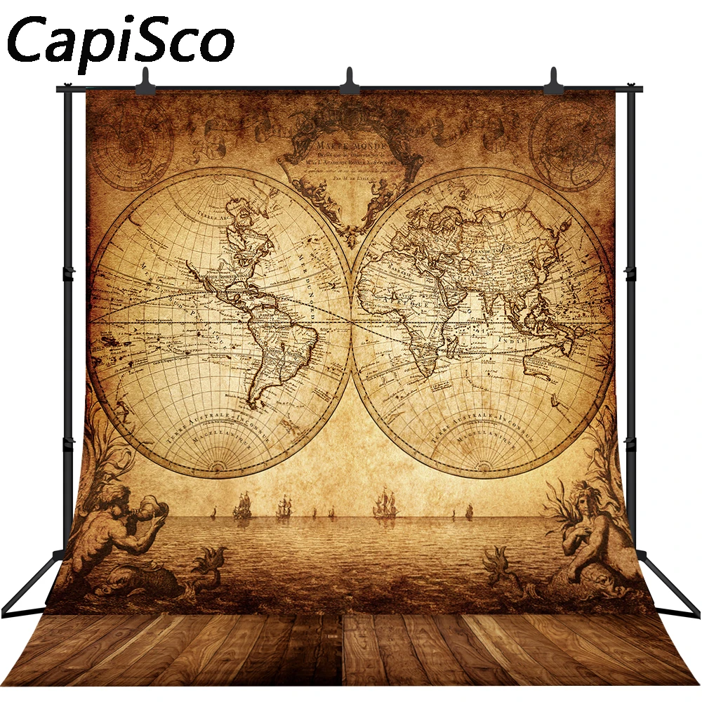 Capisco Photography Background World Map Retro Classical Wood Floor Whimsical Fun Backdrop Personal Portraits Photo Studio Props