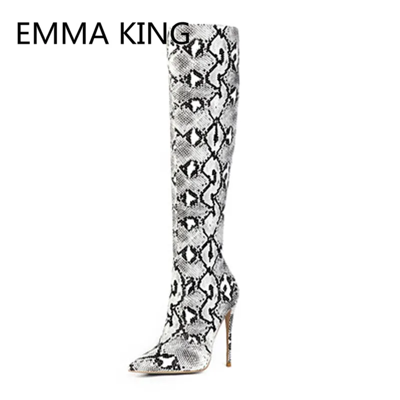 

2019 New Snake Prints Women Knee High Boots Pointed Toe Slip On Ladies Runway Shoes Sexy Party High Heel Female Long Knight Boot