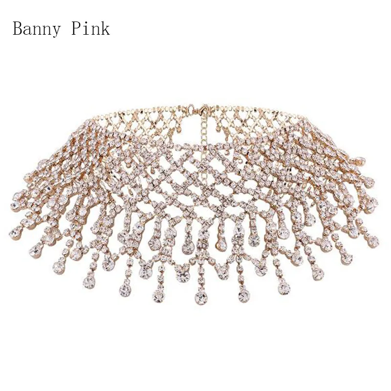 luxury Rhinestone Chain Choker Necklace For Women Elegant Full Crystal Tassel Choker Collar Fashion Bridal Jewelry ColliersColar