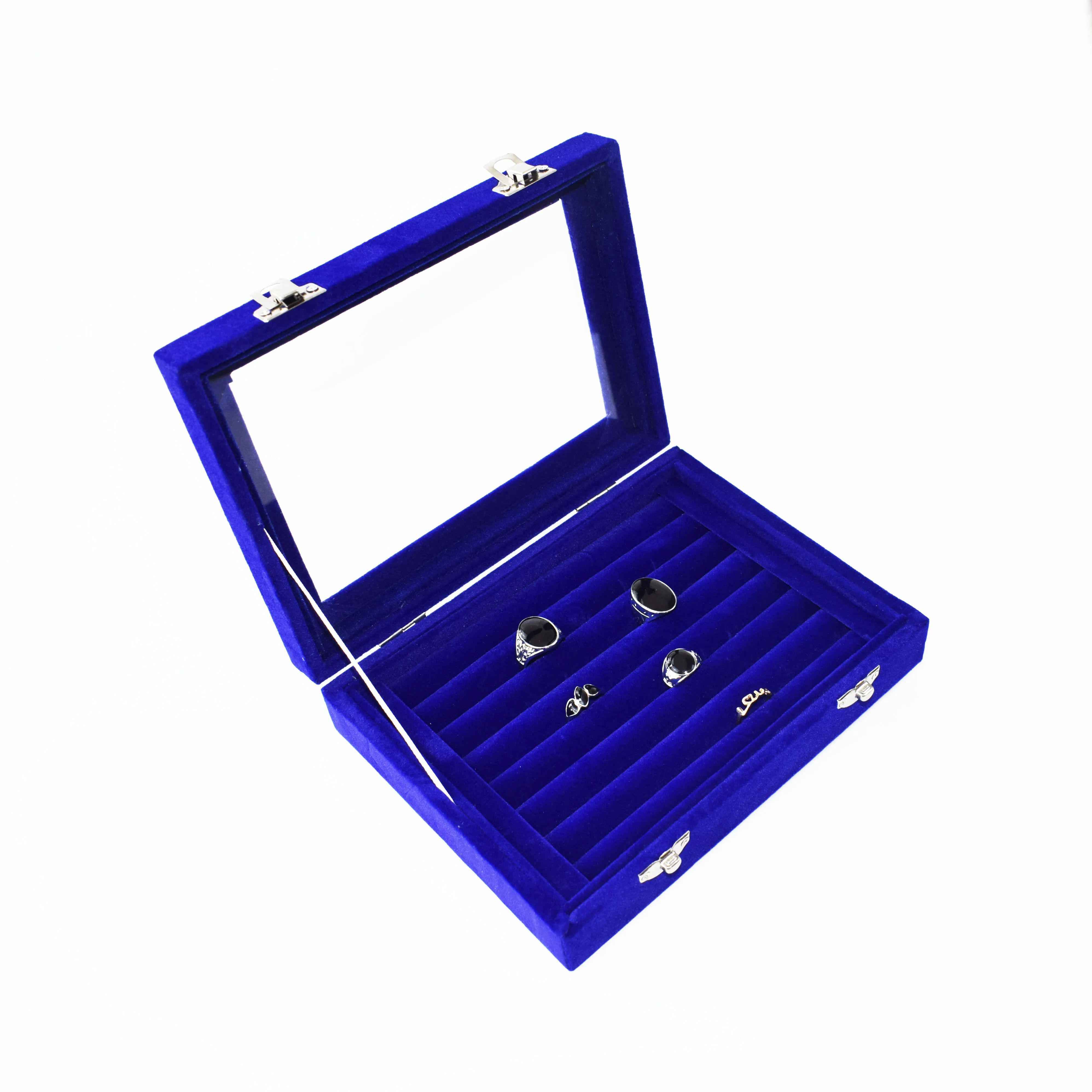 SZanbana Blue 7 Slots Velvet Display Case Box Earring Ring Organizer Jewelry Tray Cufflink Storage Showcase with Clear Glass Lid