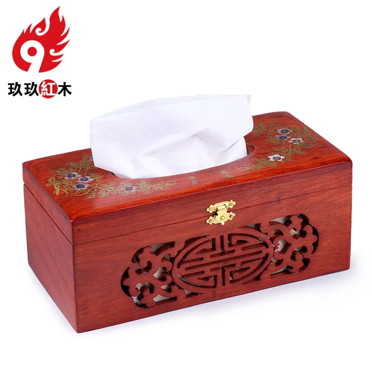 

Chinese rosewood mahogany Tissue Box Creative napkin pumping tray storage box large living room hollow shell inlaid flower