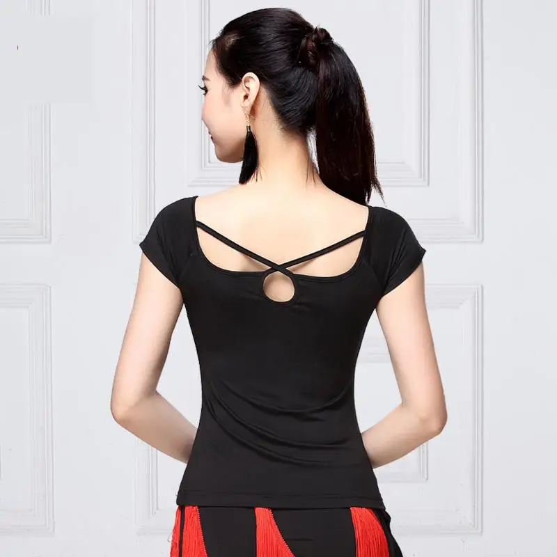 Chemise de danse latine pour adultes, Sexy, dos nu, pour salle de bal, moderne, Salsa, Tango, entraînement, vêtements féminins, léopard noir, nouvelle collection