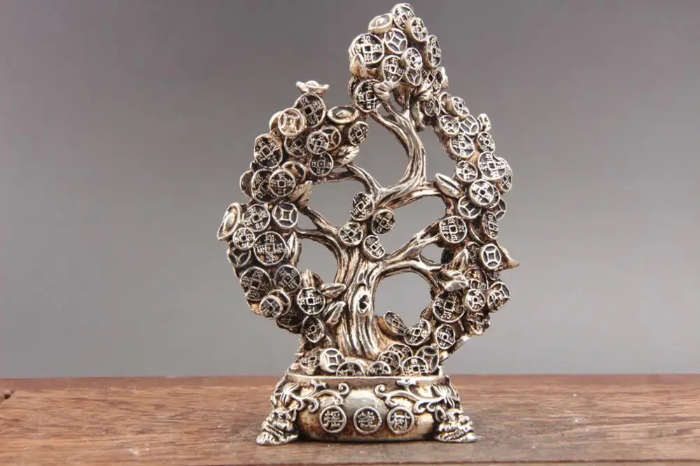 

Exquisite Chinese hand carved Tibetan silver statue of coins tree (Yao Qian Shu)