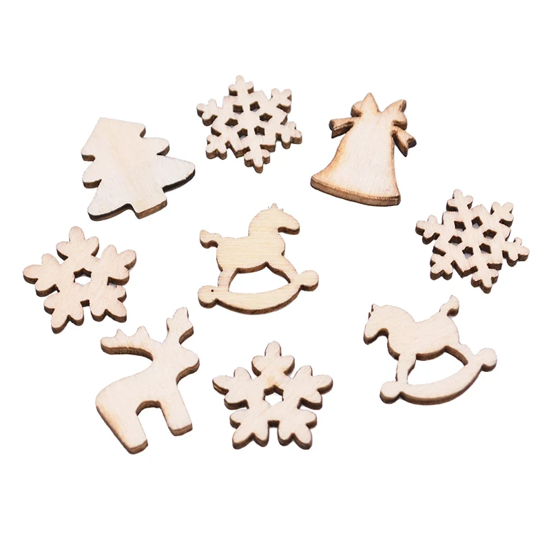 100Pcs Christmas Wooden Pendants Ornaments DIY Wood Crafts Xmas Tree Ornaments Snowflake Christmas Party Decorations for home