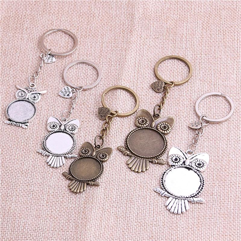 5 sztuk/partia metalowy breloczek okrągły sowa Cabochon ustawienie DIY Vintage Handmade breloczek tworzenia biżuterii