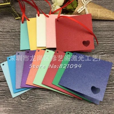 

50PCS diy Heart Pearl Paper Wish Cards solid Table Mark Hang Tag Card Wedding Favors Party Decoration Book Mark with ribbon