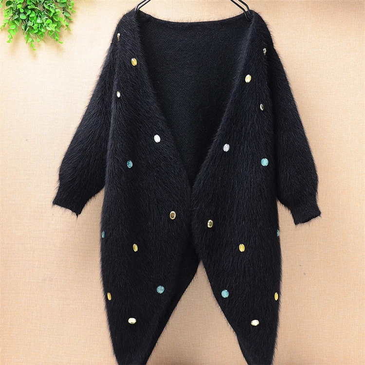Top quality wholesale angora rabbit fur medium long beading cardigan lady loose genuine mink cashmere sweater coat women winter