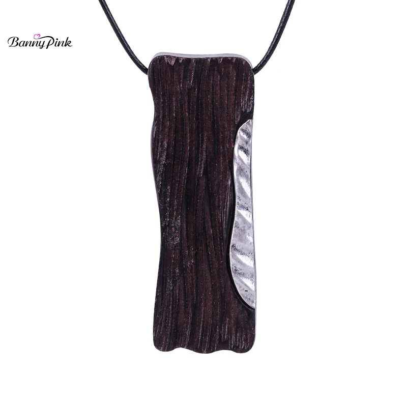 Banny Pink Antique Rectangle Wood Alloy Mix Pendant Necklace For Women Ethnic Big Pendant Necklace Fashion Jewelry Collier Colar