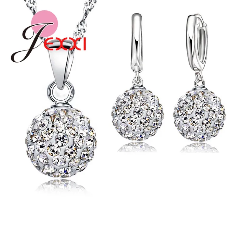 Best Hot New Jewelry Sets 925 Sterling Silver  Austrian Crystal Pave Disco Ball Lever Back Earring Pendant Necklace Woman