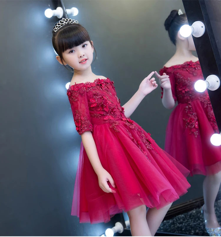 Red Tulle Shoulderless Flower Girls Dresses For Wedding Appliques Formal Girl Birthday Party Dress Princess Ball Gown