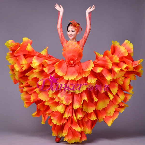 

Freeship long sleeve glitter full flower petals hot pink/green/red dance dress/stage performance dress/belle/ballroom