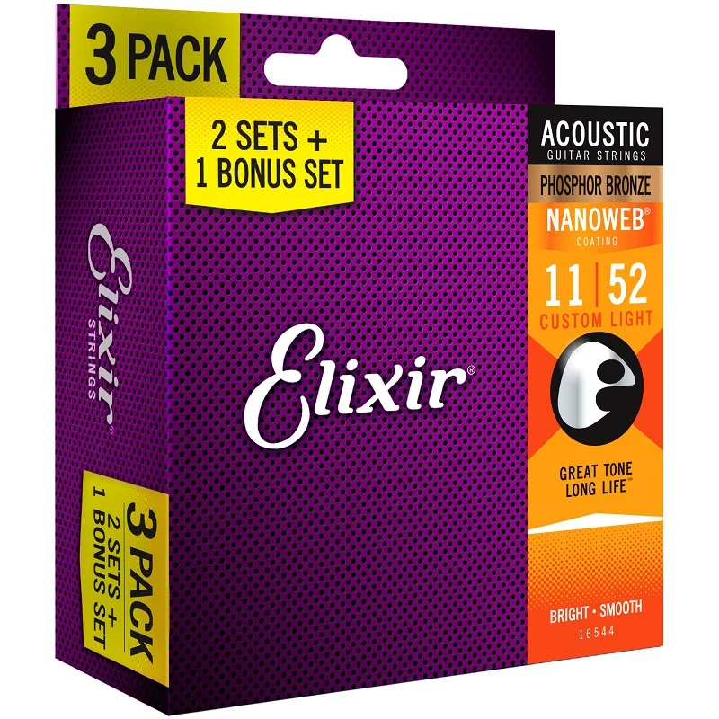 

Elixir String 16027 (3 Pack of 12002) Phosphor Bronze Nanoweb Guitar Strings 11-52 Custom Light