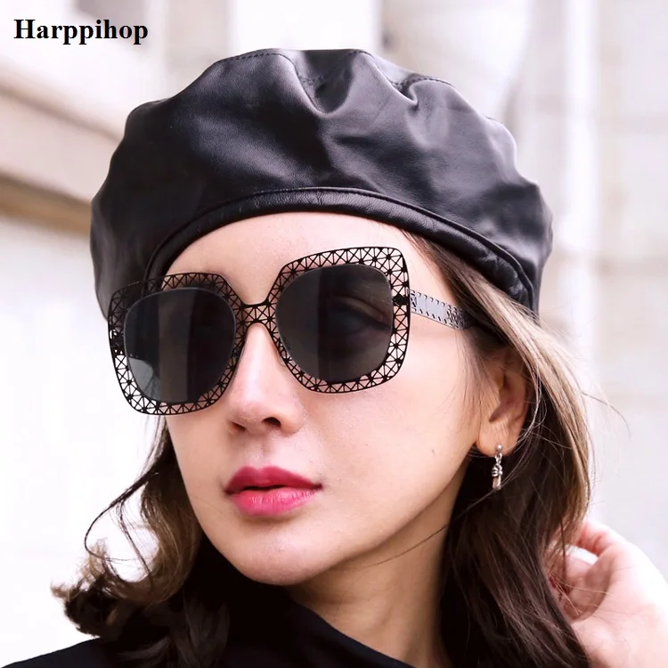 

Harppihop genuine leather european America style female hat lambskin Hat Beret Hat Jazz Hip Hop artist female sheepskin hat