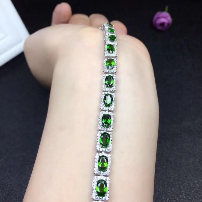 Luxurious natural diopside bracelet, precision manufactured, 925 silver, adjustable length