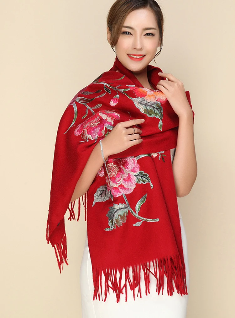 Embroidery Cashmere Scarf Winter Women Tassel Floral Pashmina Hijab Flowers Thick Scarves Long  Shawls Size 200*70cm