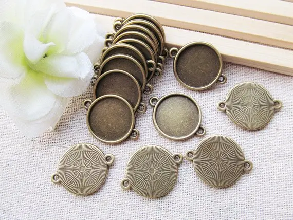 

100pcs Antique Silver/Antique bronze Base Setting Tray Bezel Connector Pendant Charm,fit 16mm Round Cabochon/Cameo,Two Loops