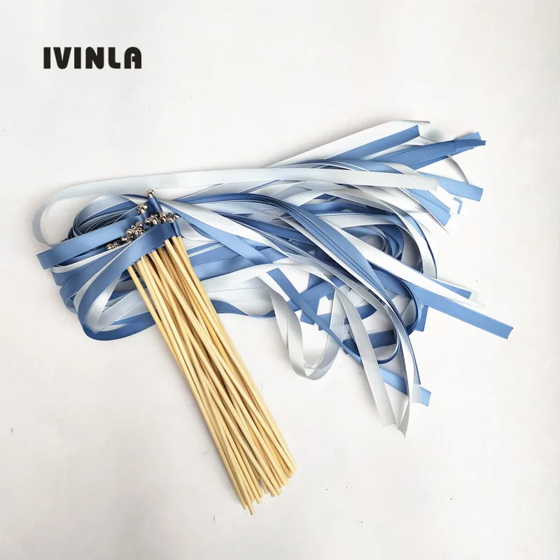 

NEW ARRIVED 50/20/10pcs/lot light blue wedding ribbon wands stick with gold bell