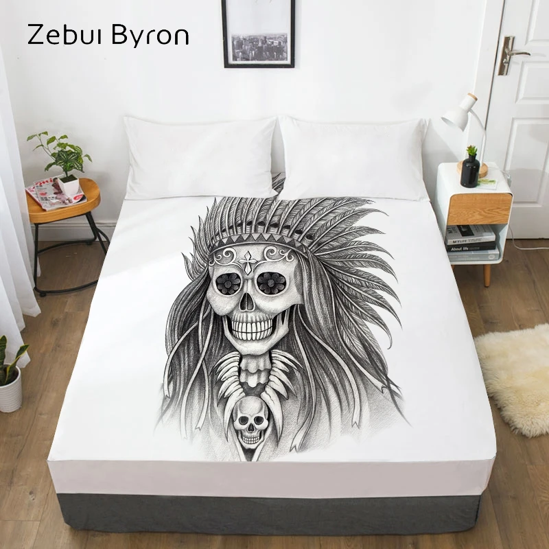 

3D HD Print Fitted Sheet,Bed Sheet With Elastic Twin/Full/Queen/King/Custom,Indian girl Skull Mattress Cover 150/180/160x200