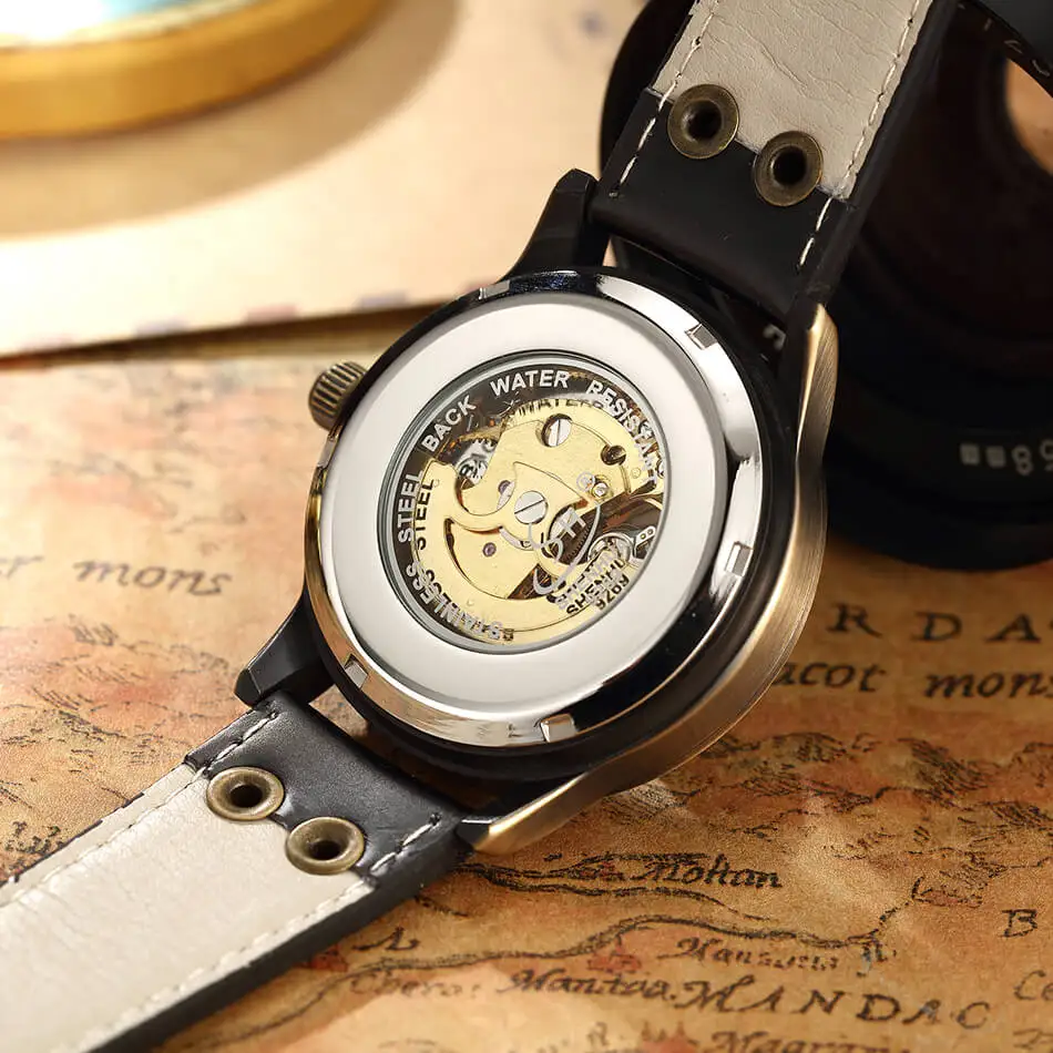 Mens Retro Skeleton Automatic Mechanical Watch Steampunk Men Leather Strap Vintage Self Winding Mechanical Wrist Watches Men