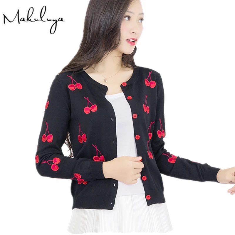 

Makuluya Autumn Spring Women Sweater Cherry Embroidery Pattern Jacket Coat Long Sleeve Vintage allmatch Knitting Cardigan L6