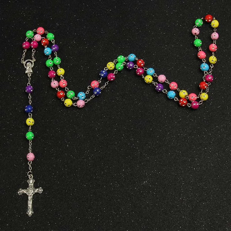 

Catholic Star Maria Necklace Imitation Water Brick Crystal Rosary Cross Necklace Statement Colored Beads Cross Religious Necklac