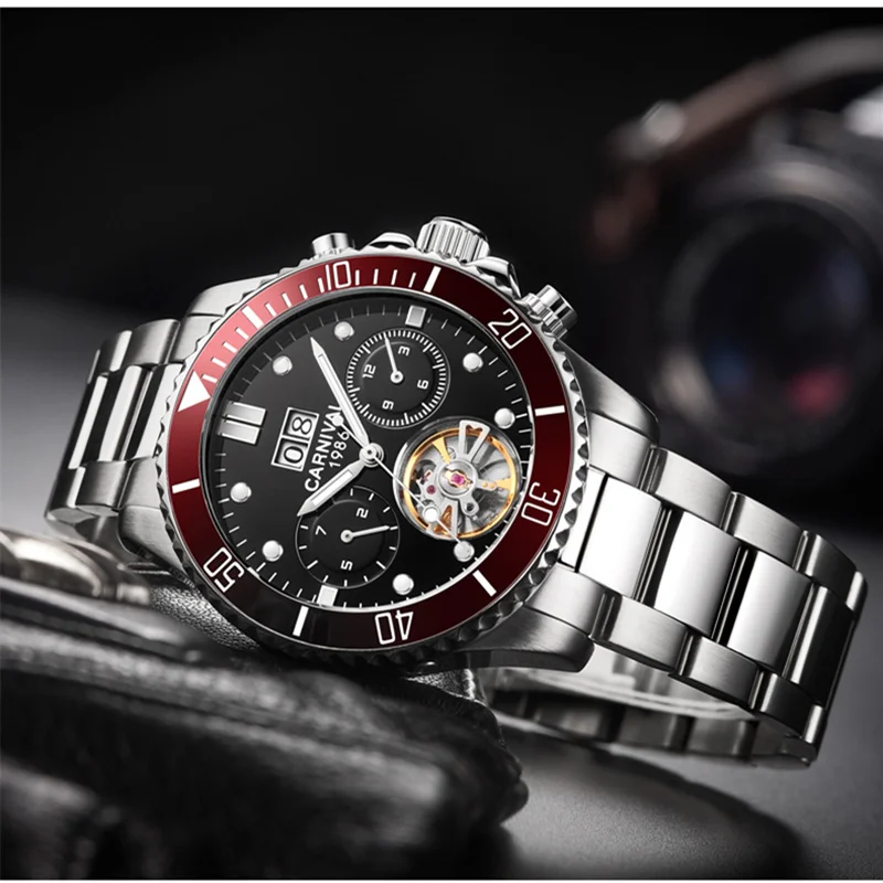 Carnival tourbillon men watch luminous luxury brand mechanical watches men full steel clock reloj waterproof relogio montre 2019