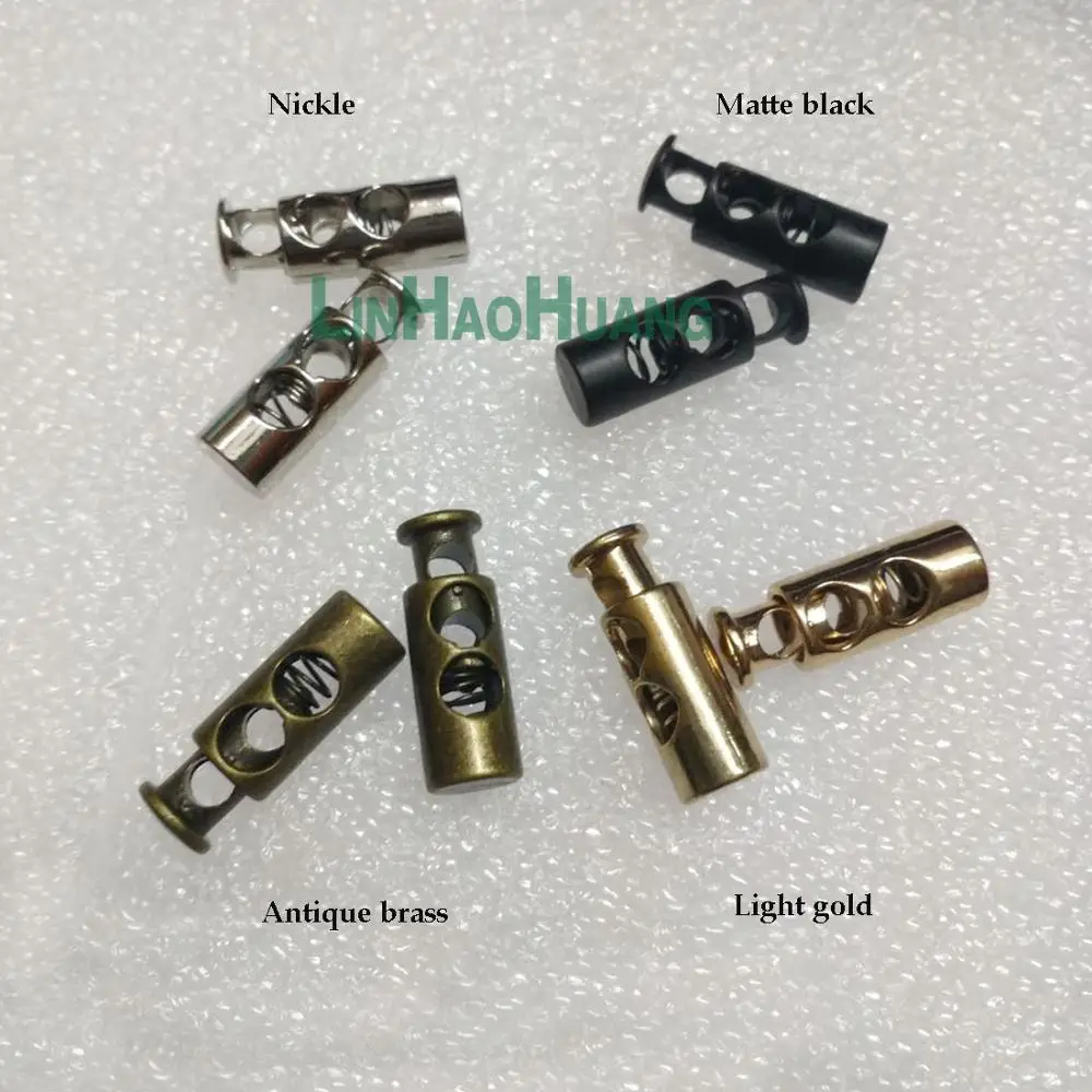 40 pz/lotto tappi rotondi in lega metallica toggle cord lock coulisse blocco due fori nichel/noce nero/bronzo/oro/nero opaco