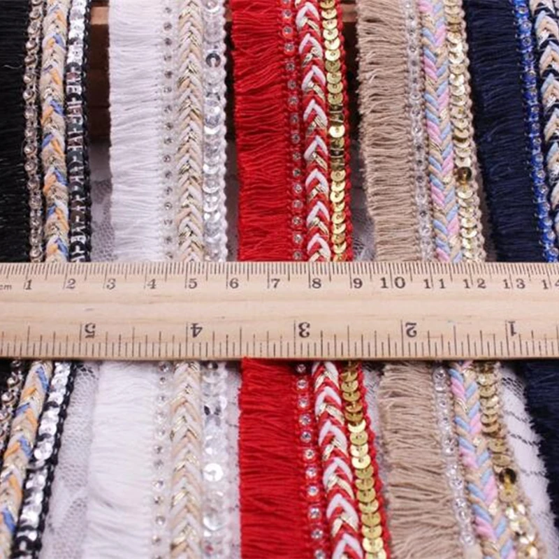 3cm width Sewing Decoration Cotton Fringe Tassel Trim Thin Lace cord braided sequin rhinestone ribbon