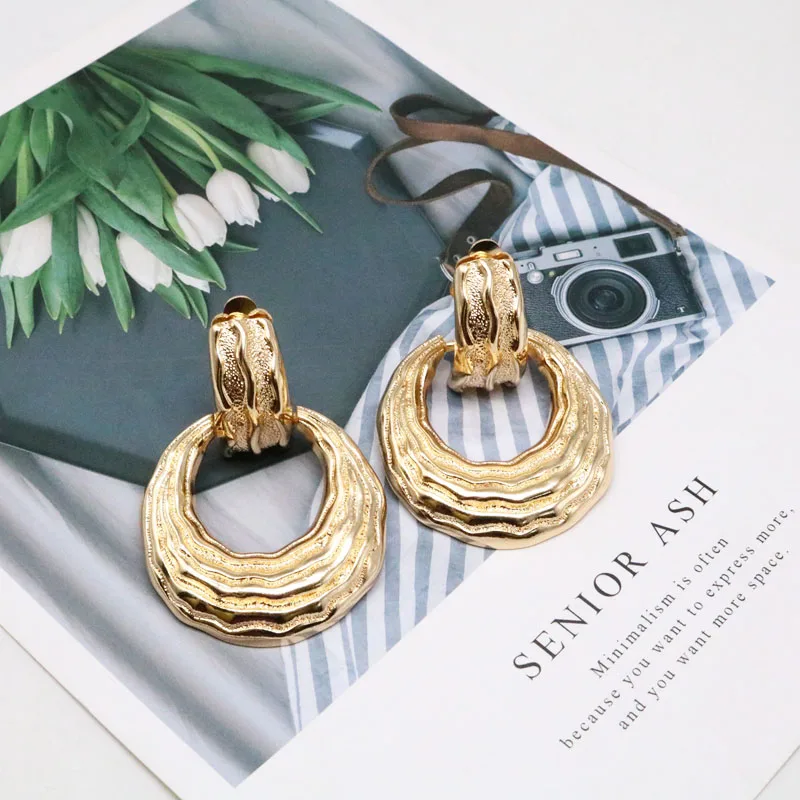 Hammered Geometric Metal Popular Punk Styles Clip Earrings Statement Alloy Textured Accessories