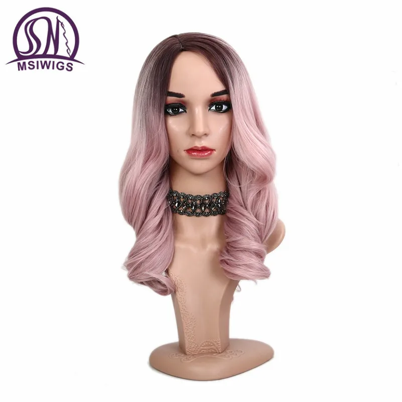 

MSIWIGS Long Pink Wig for Women Two Tones Black and Blonde Wavy Cosplay Heat Resistant Synthetic Fake Hair