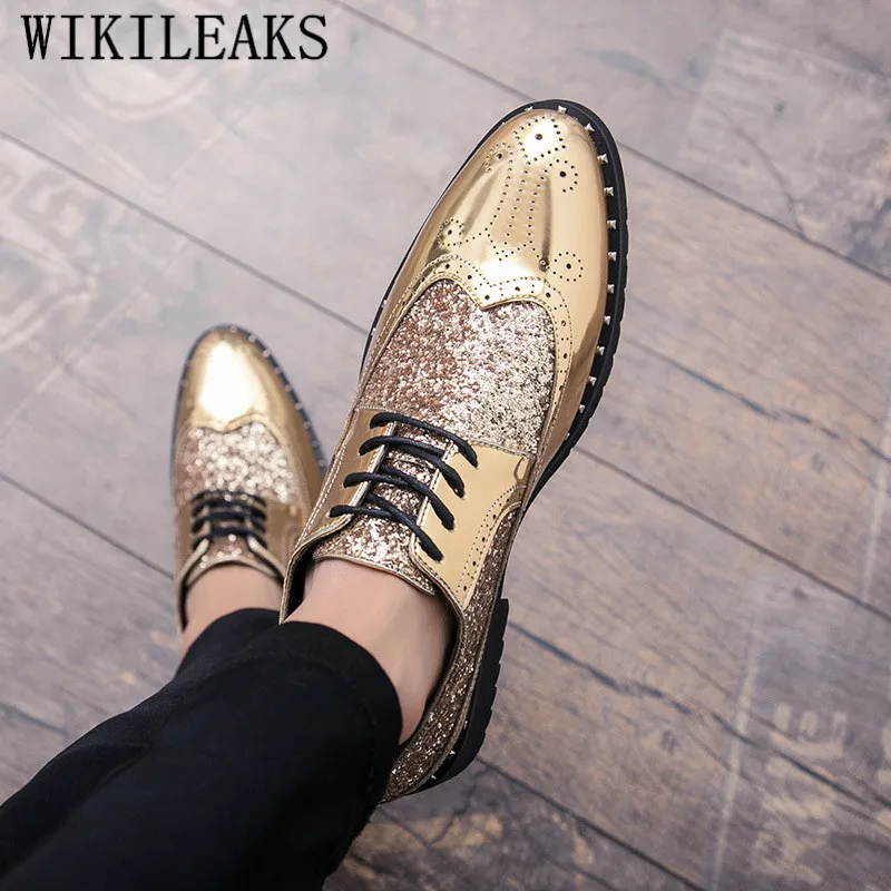 New Luxury Brand Coiffeur Gold Brogue Oxford Shoes For Men Italian Formal Wedding Dress Footwear Male Patent Leather Bling Shoes