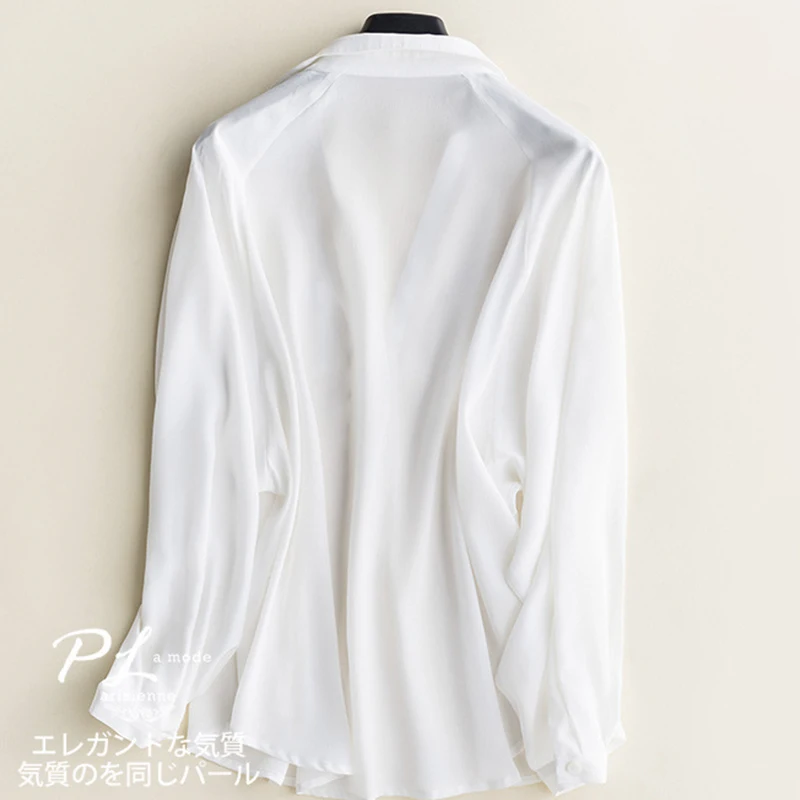 GUIYI Deep V Collar Sexy Long Sleeves Loose OL Ladies Shirt 100% Silk Women Solid White Comfort Temperament T-shirt