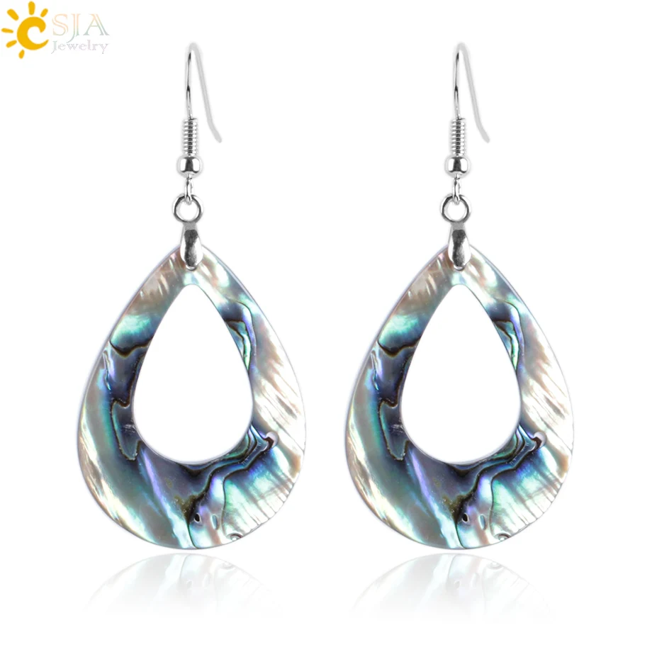 CSJA Natural Abalone Shell Earring Bead Gem Stones Pendant Pear Shape Water Drop Hook Earring for Women Fashion Jewelry E903