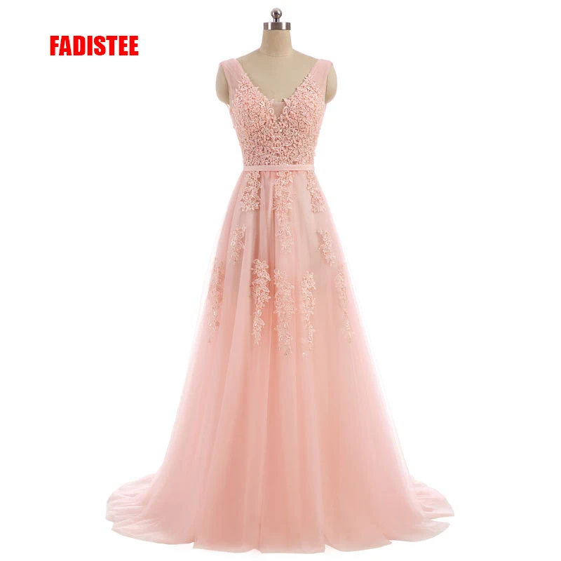 Fadistee Vestido De Festa Zoete Roze Kant V-hals Lange Avondjurk Bruid Party Sexy Backless Kralen Parels Prom Dresses Kant-Up