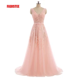 FADISTEE Vestido De Festa Sweet pink Lace V-neck Long Evening Dress Bride Party Sexy Backless beads pearls Prom Dresses lace-up