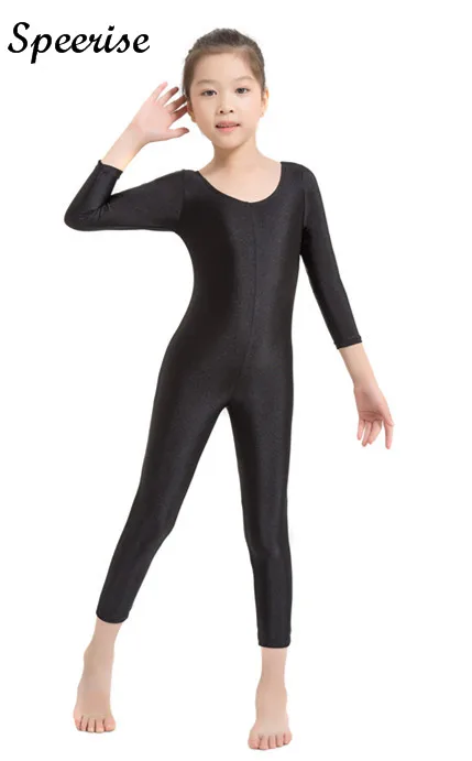 SPEERISE Girls Long Sleeve Black Unitard Boys Skin Tight Bodysuits Spandex Full Body Scoop Neck Yoga Dancewear