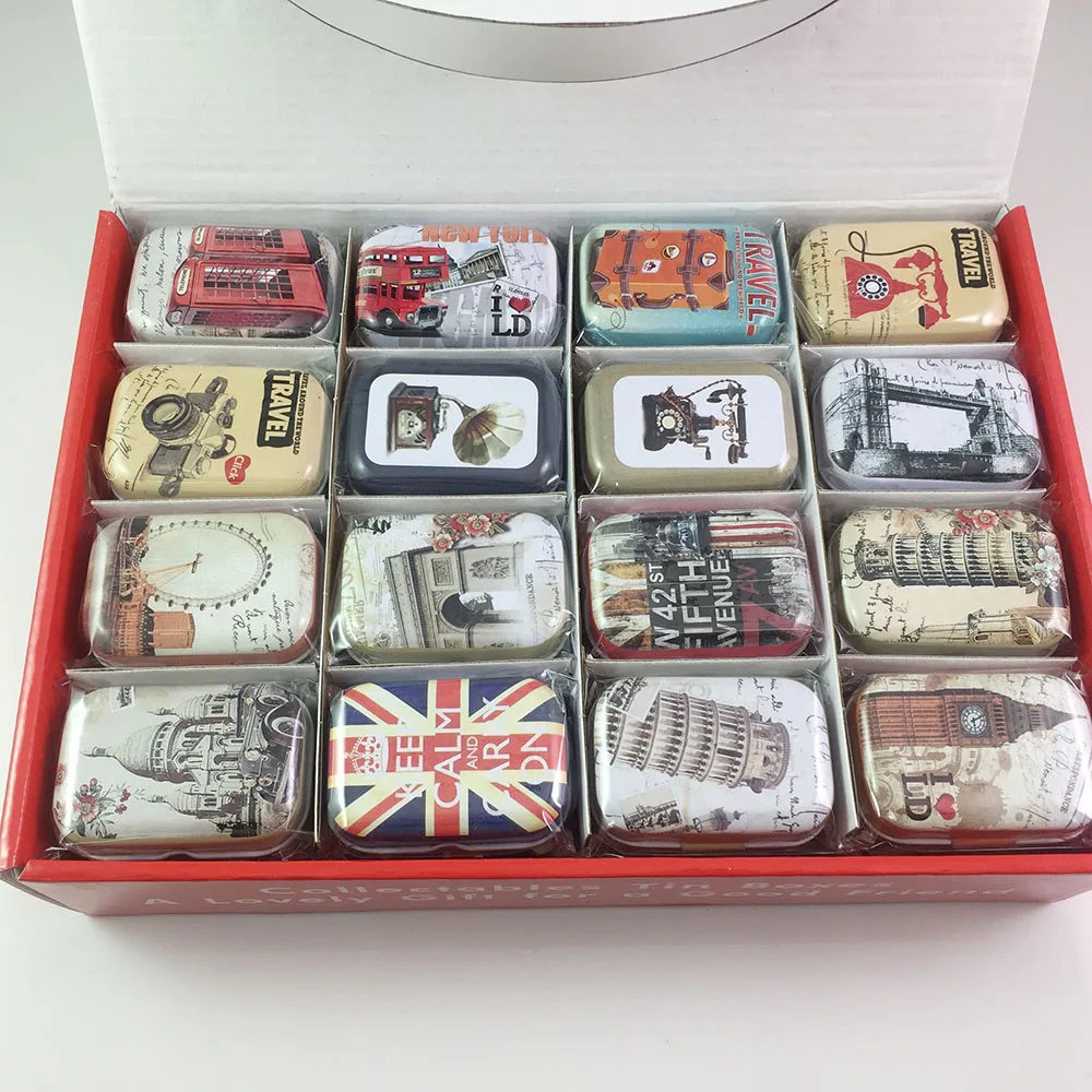 64 pcs/lot  Vintage Cartoon Travel Style Tin Box  Candy Pill Chutty Mini Storage House Decoration Collectables Display