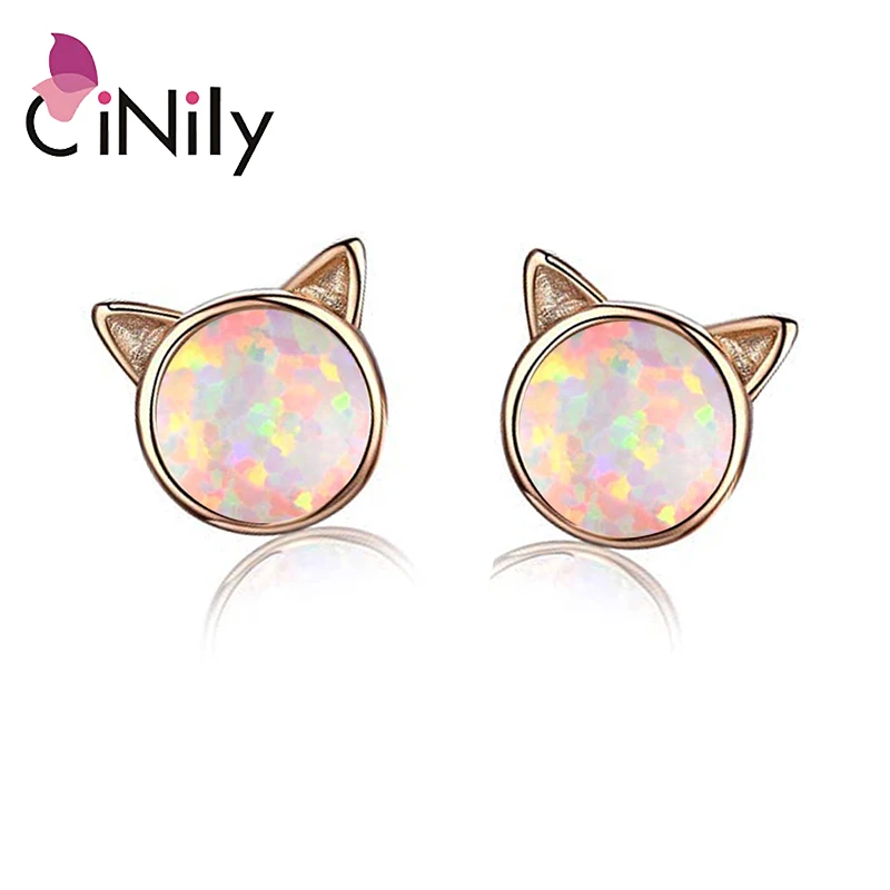 시니 리 블루 & 핑크 & 화이트 키티 스몰 스터드 귀걸이 실버 도금 로즈 콜드 컬러 섹시 라운드 페이스 고양이 귀여운 쥬얼리 소녀