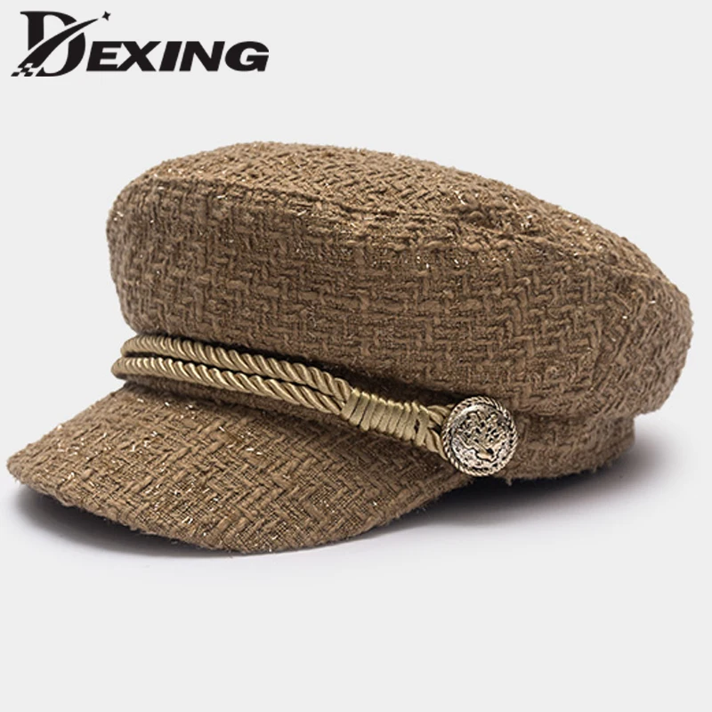 Women Hat Fashion Gold Thread Tweed Baseball Cap Ladies Military Hat Cool Sailor Hat Vintage Student Cap Beret