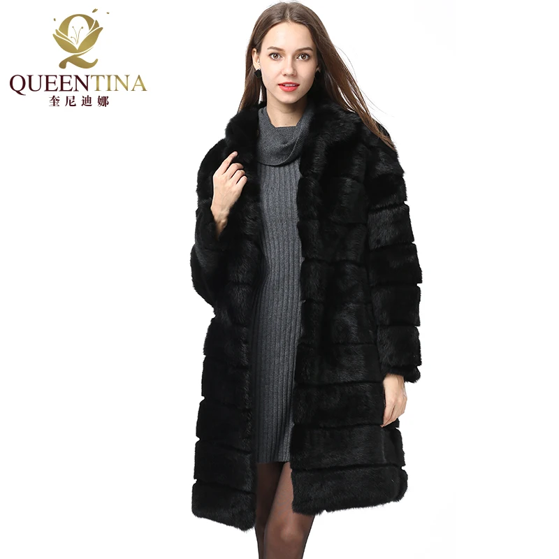 QUEENTINA Real Rabbit Fur Coat New In Outerwears Winter Stand Collar Thick Soft Warm Clothing Women Pelt Natural Long Fur Jacket