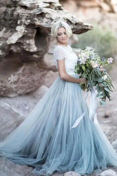 Vestido de noiva bleu clair fée plage Boho dentelle robes de mariée 2019 une ligne Tulle dos nu grande taille bohème robe de mariée