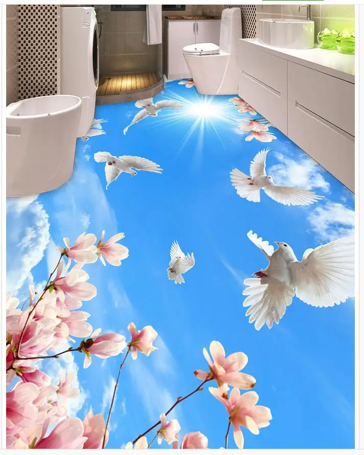 

3D wallpaper floor for living room Flowers sky ceiling frescoes PVC waterproof floor self-adhesive 3D floor