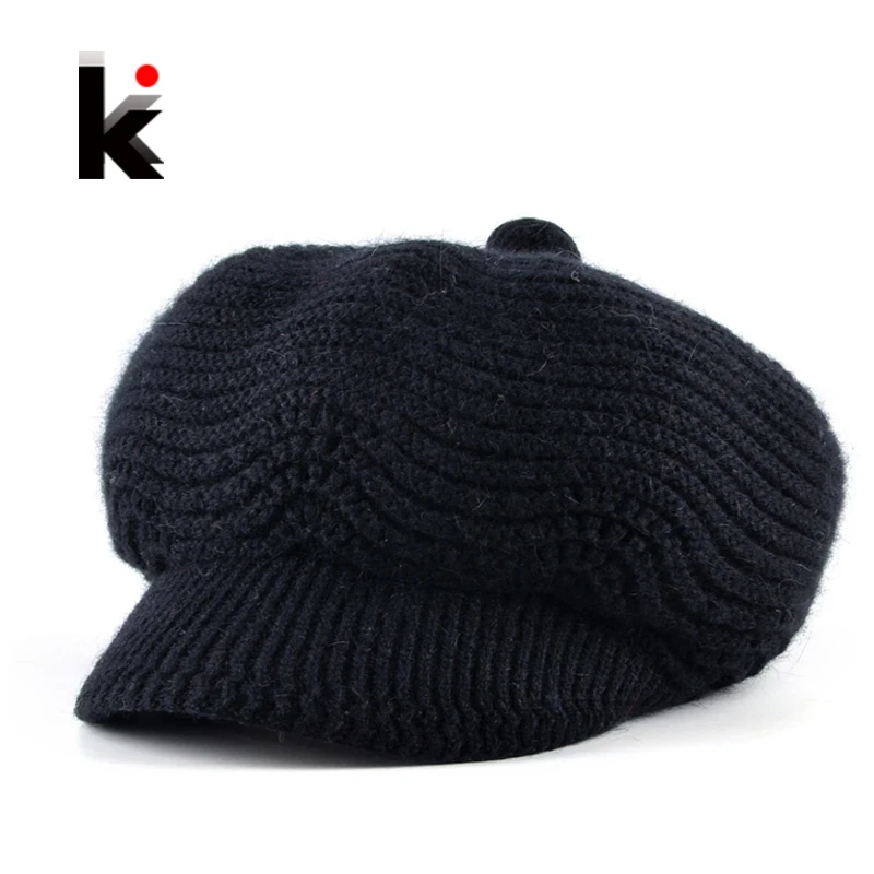 Fashion Newsboy Hats For Women Winter Knitted Rabbit Fur Berets Cap Ladies Add Velvet Double Layer Warm Gorros Boina Feminina